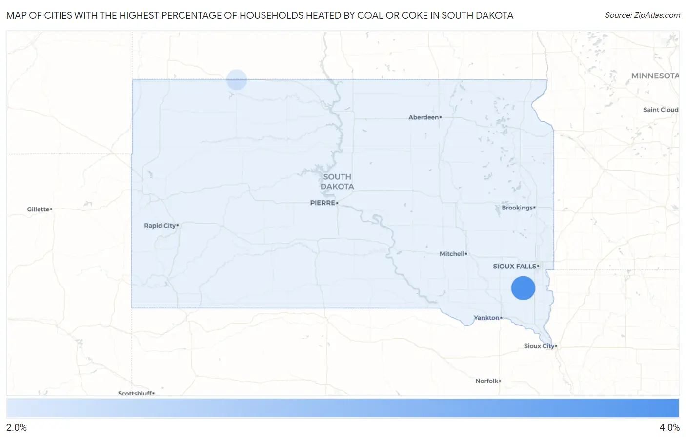 Cities with the Highest Percentage of Households Heated by Coal or Coke in South Dakota Map