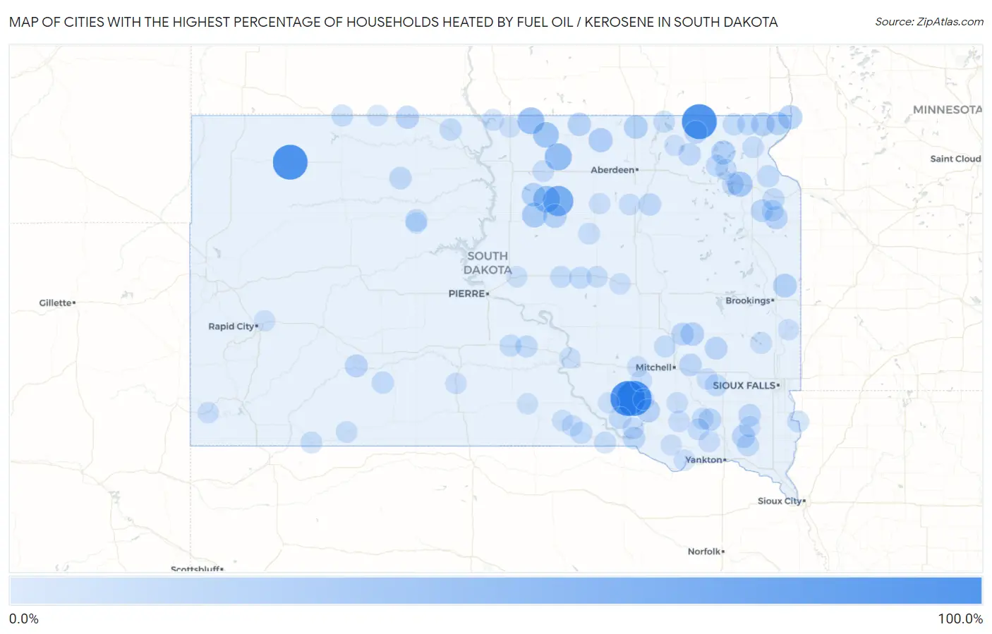 Cities with the Highest Percentage of Households Heated by Fuel Oil / Kerosene in South Dakota Map