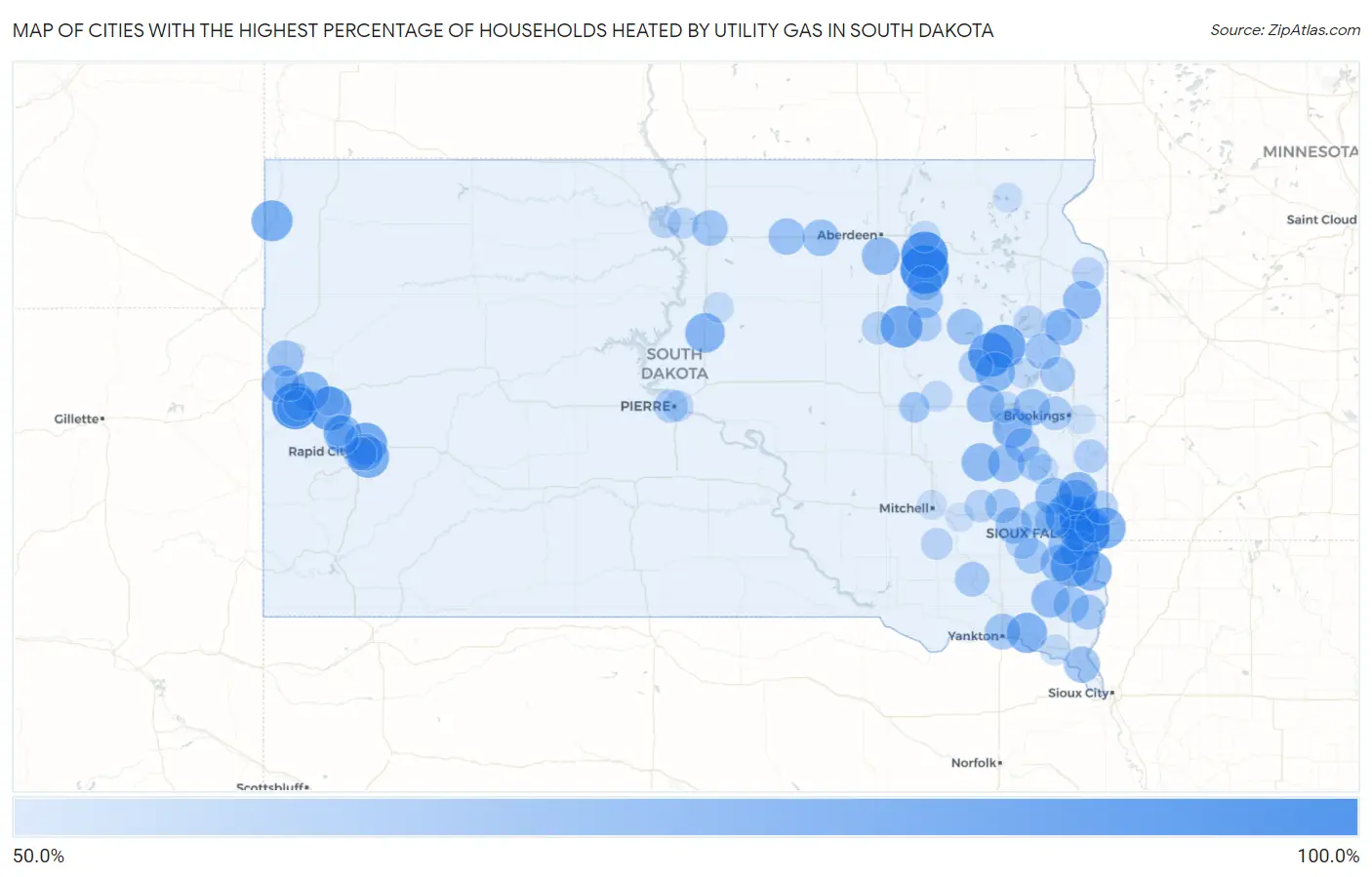 Cities with the Highest Percentage of Households Heated by Utility Gas in South Dakota Map