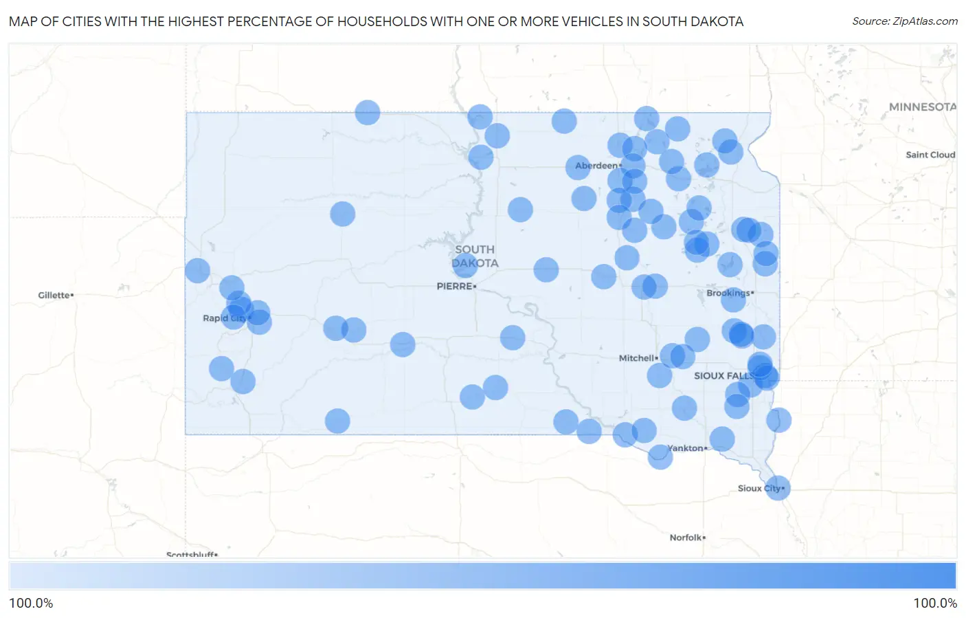 Cities with the Highest Percentage of Households With One or more Vehicles in South Dakota Map