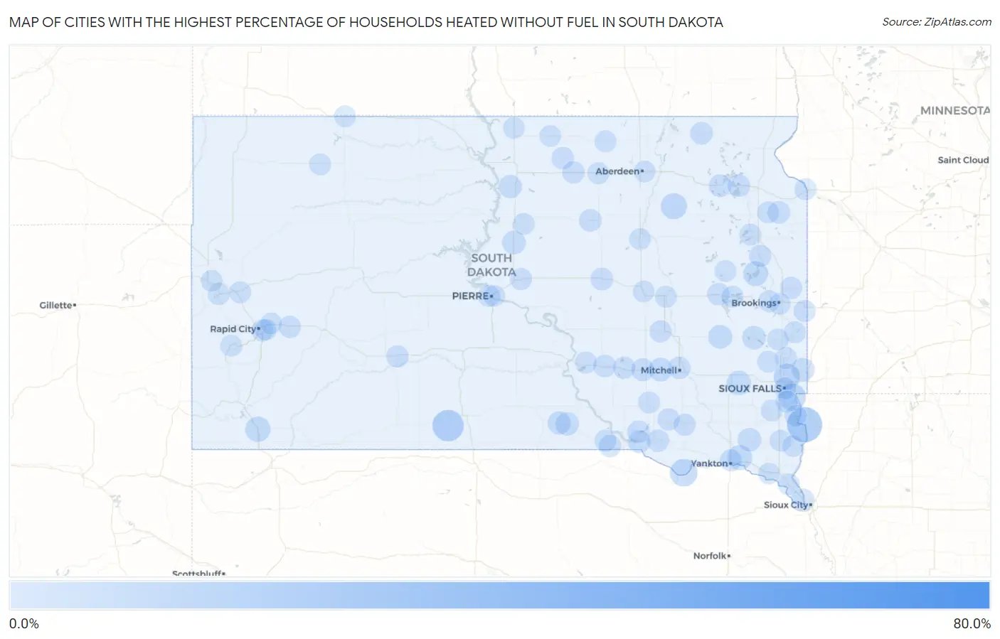 Cities with the Highest Percentage of Households Heated without Fuel in South Dakota Map