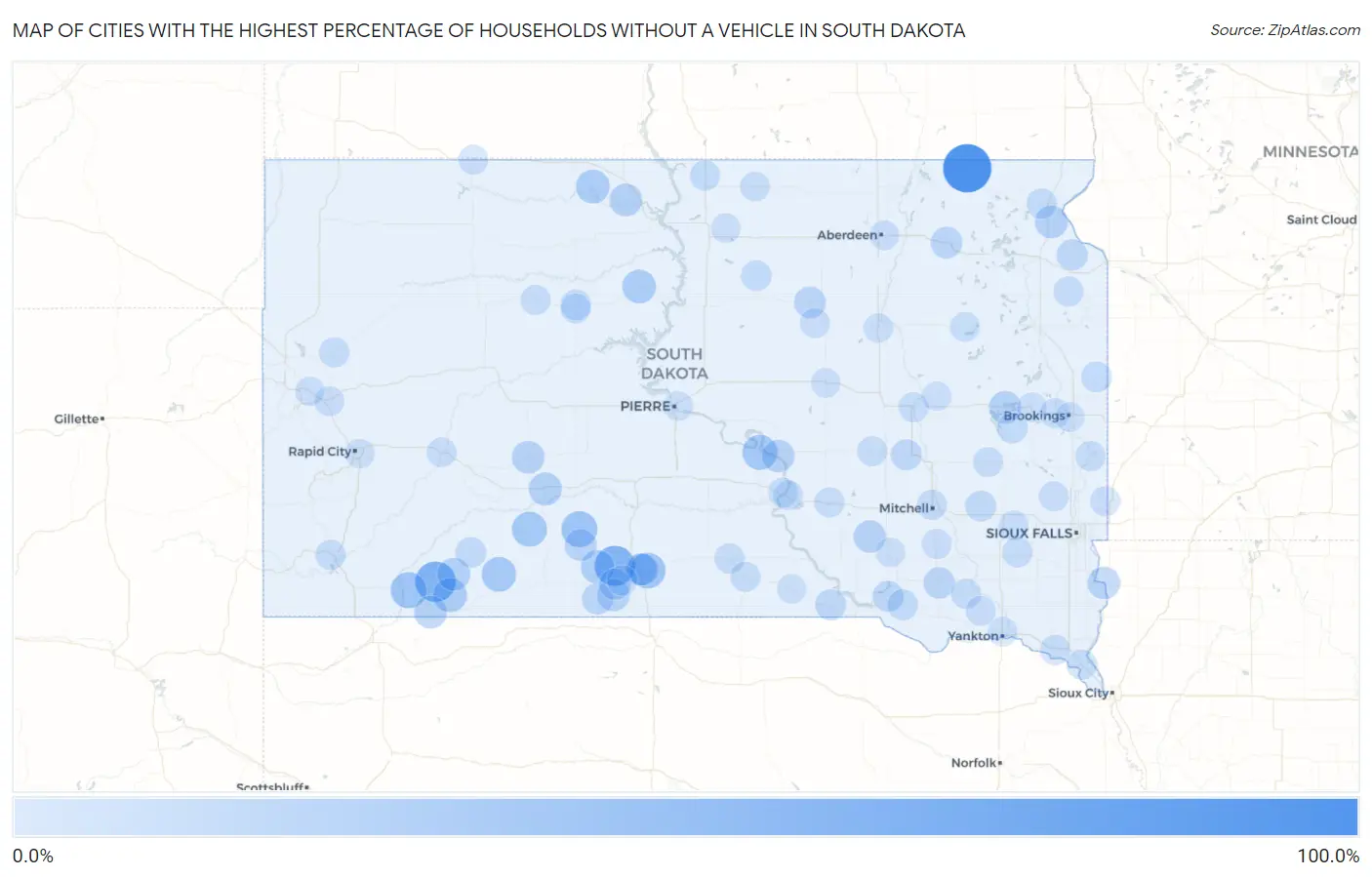 Cities with the Highest Percentage of Households Without a Vehicle in South Dakota Map