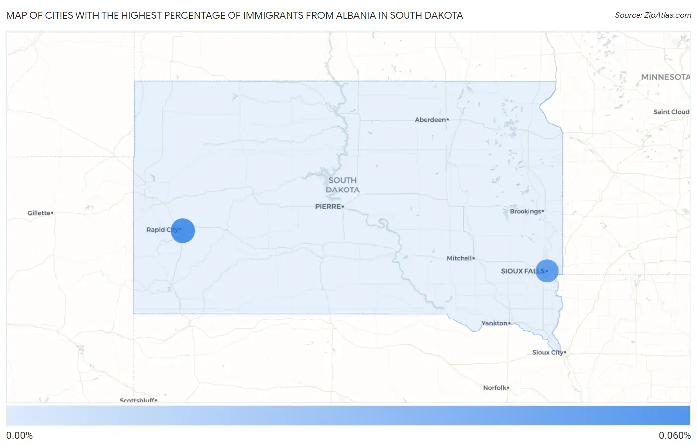 Cities with the Highest Percentage of Immigrants from Albania in South Dakota Map