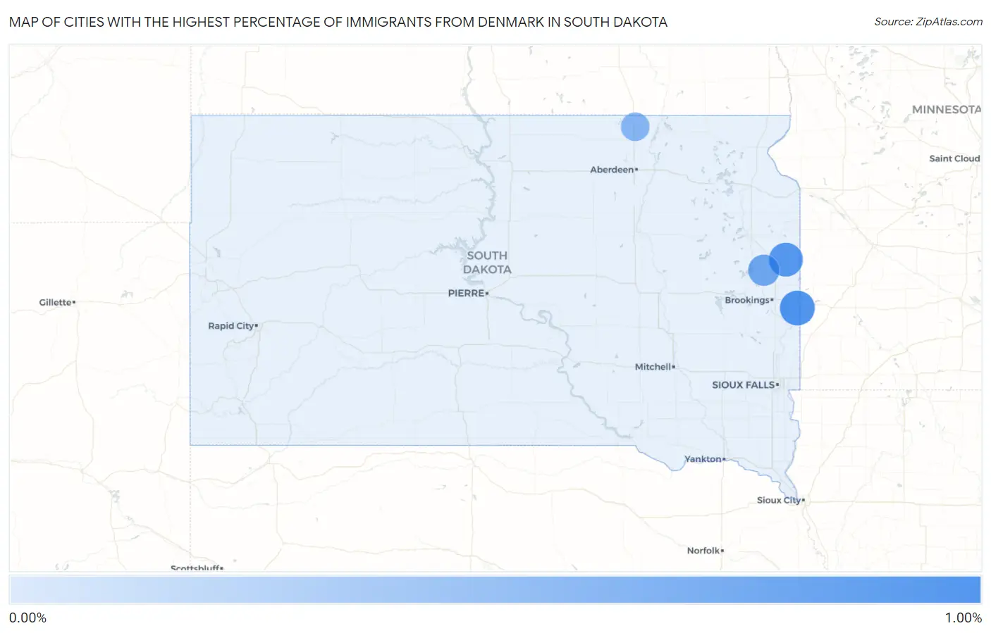 Cities with the Highest Percentage of Immigrants from Denmark in South Dakota Map