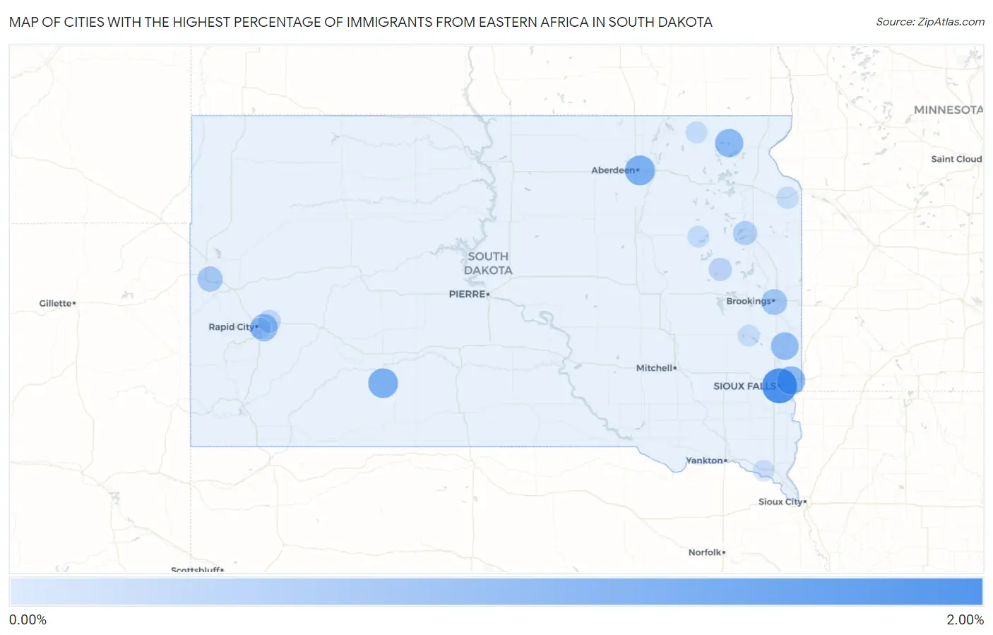 Cities with the Highest Percentage of Immigrants from Eastern Africa in South Dakota Map