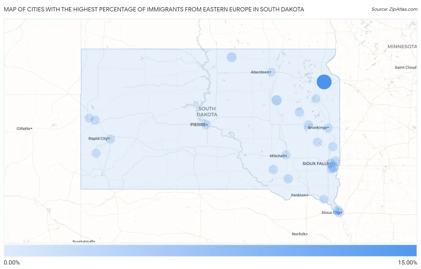 Cities with the Highest Percentage of Immigrants from Eastern Europe in South Dakota Map