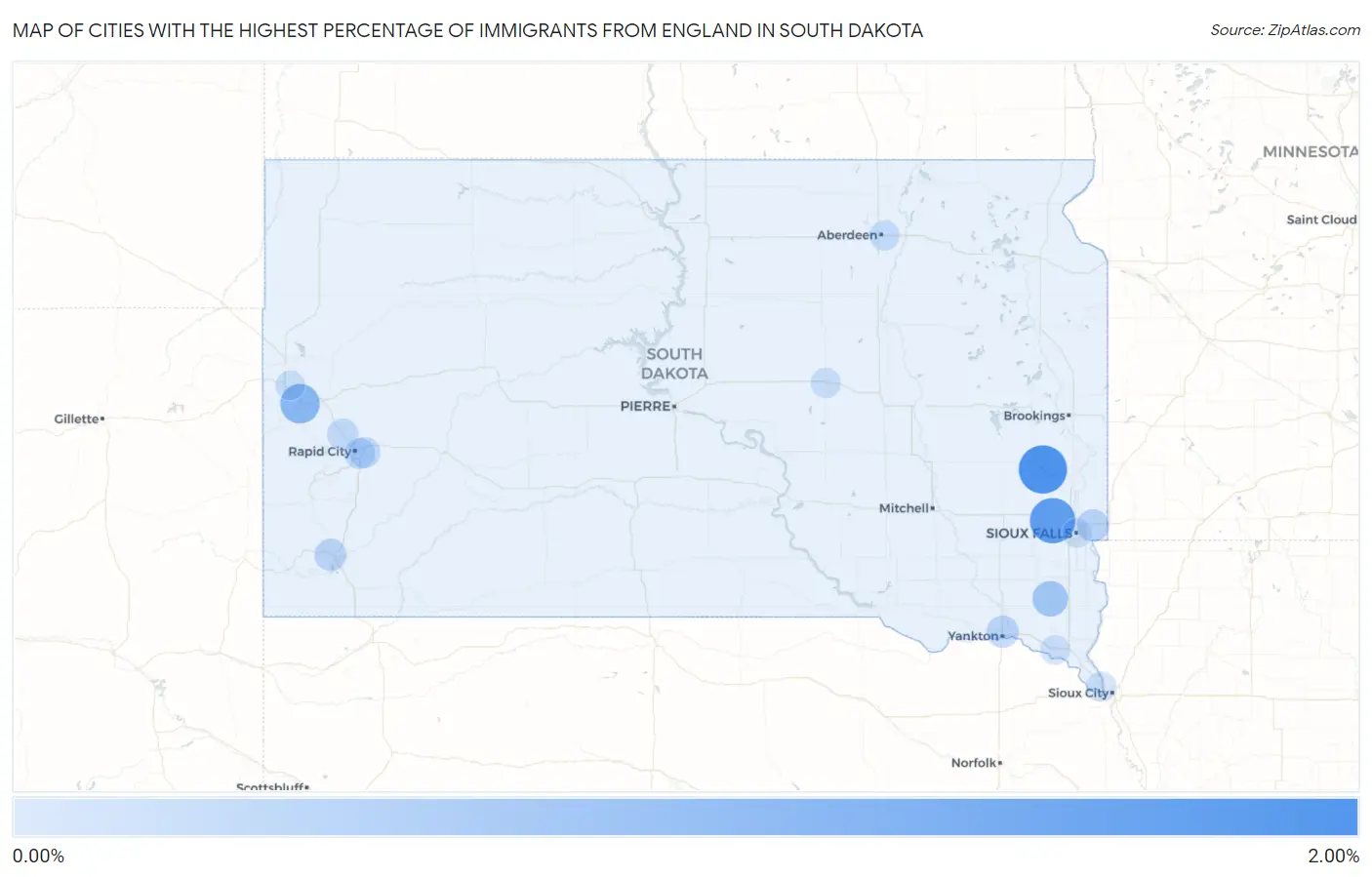 Cities with the Highest Percentage of Immigrants from England in South Dakota Map