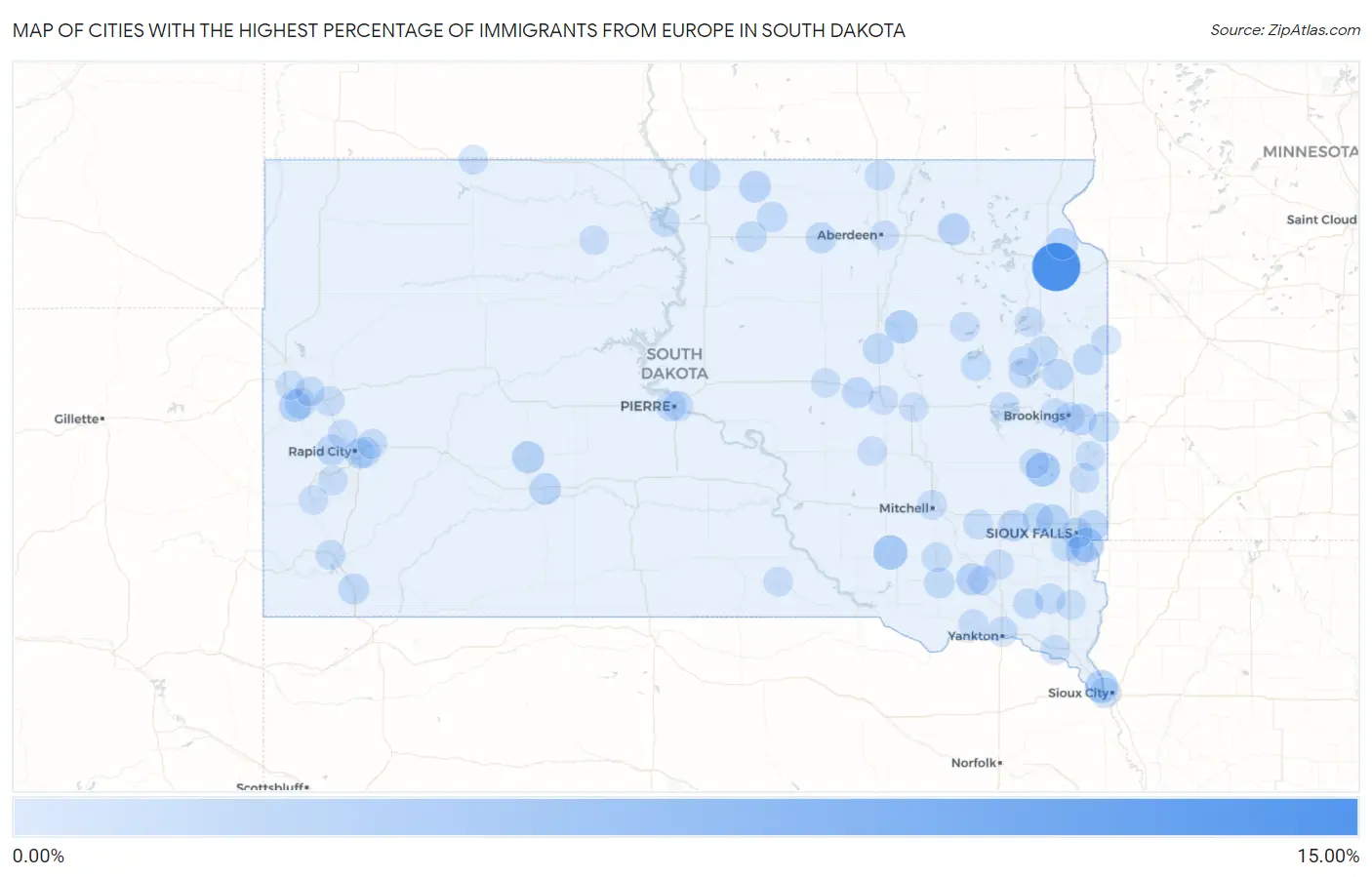 Cities with the Highest Percentage of Immigrants from Europe in South Dakota Map