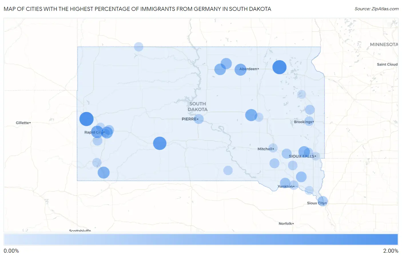 Cities with the Highest Percentage of Immigrants from Germany in South Dakota Map