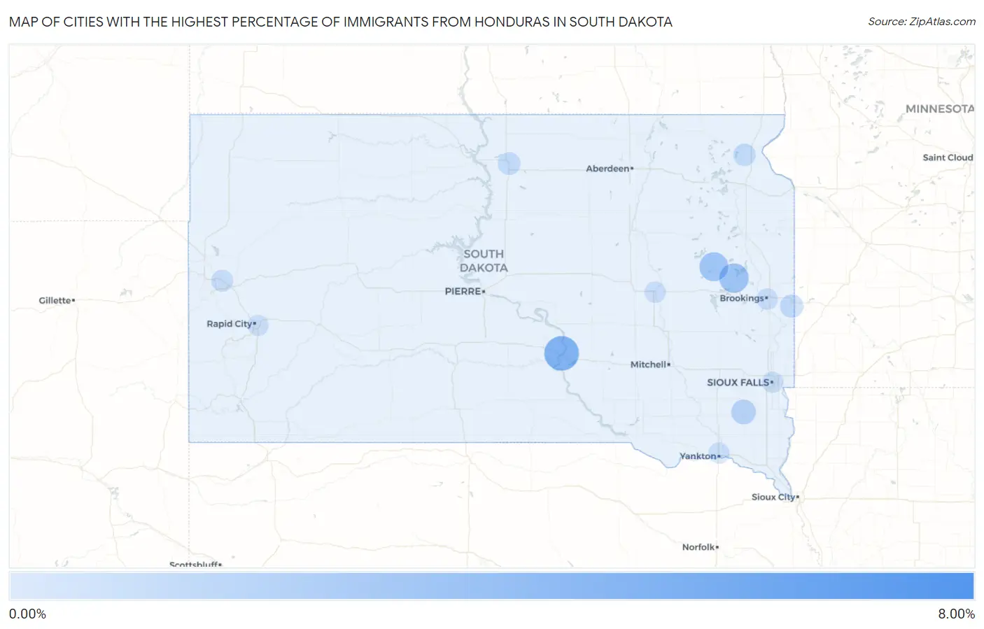 Cities with the Highest Percentage of Immigrants from Honduras in South Dakota Map