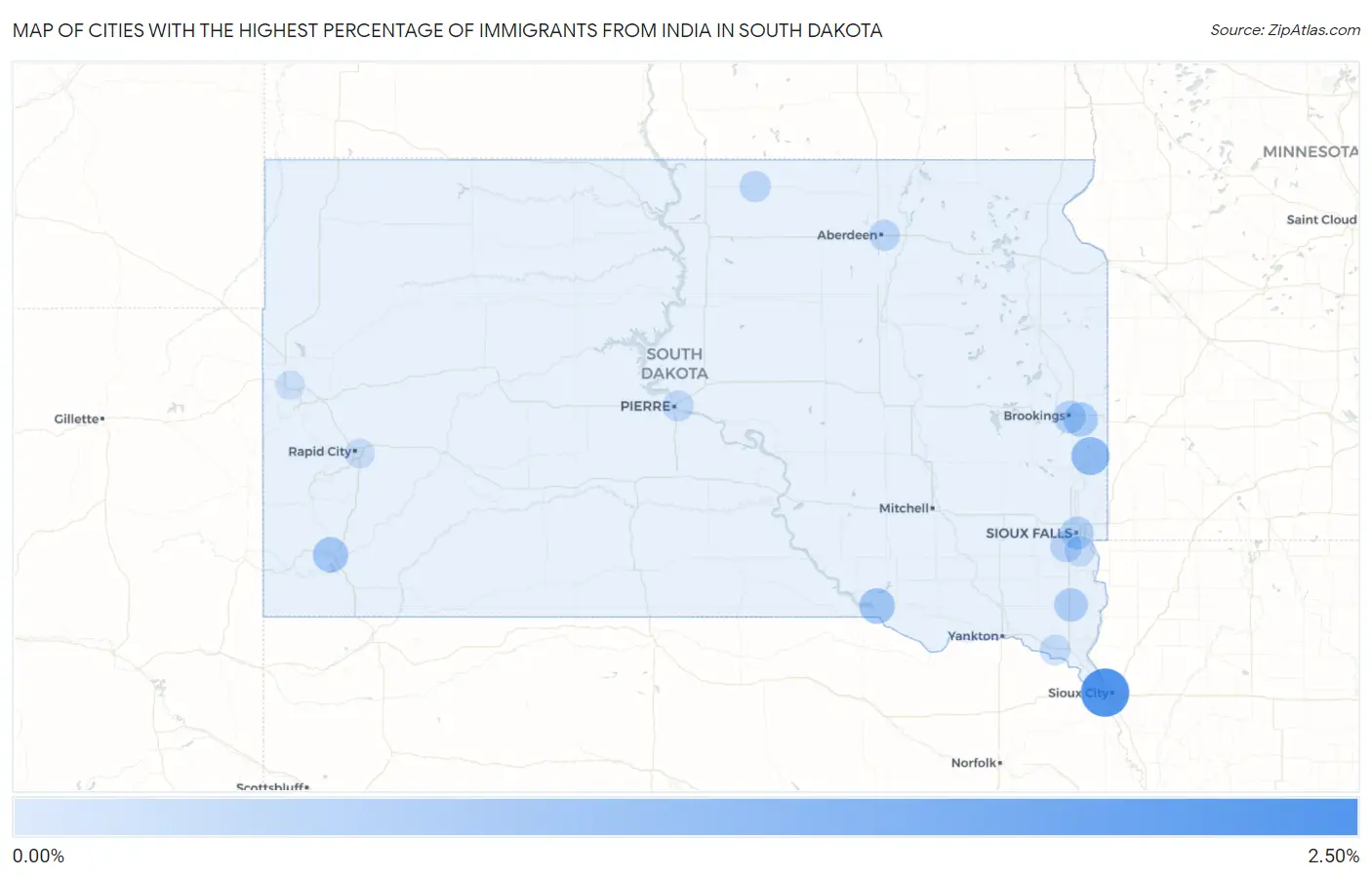 Cities with the Highest Percentage of Immigrants from India in South Dakota Map