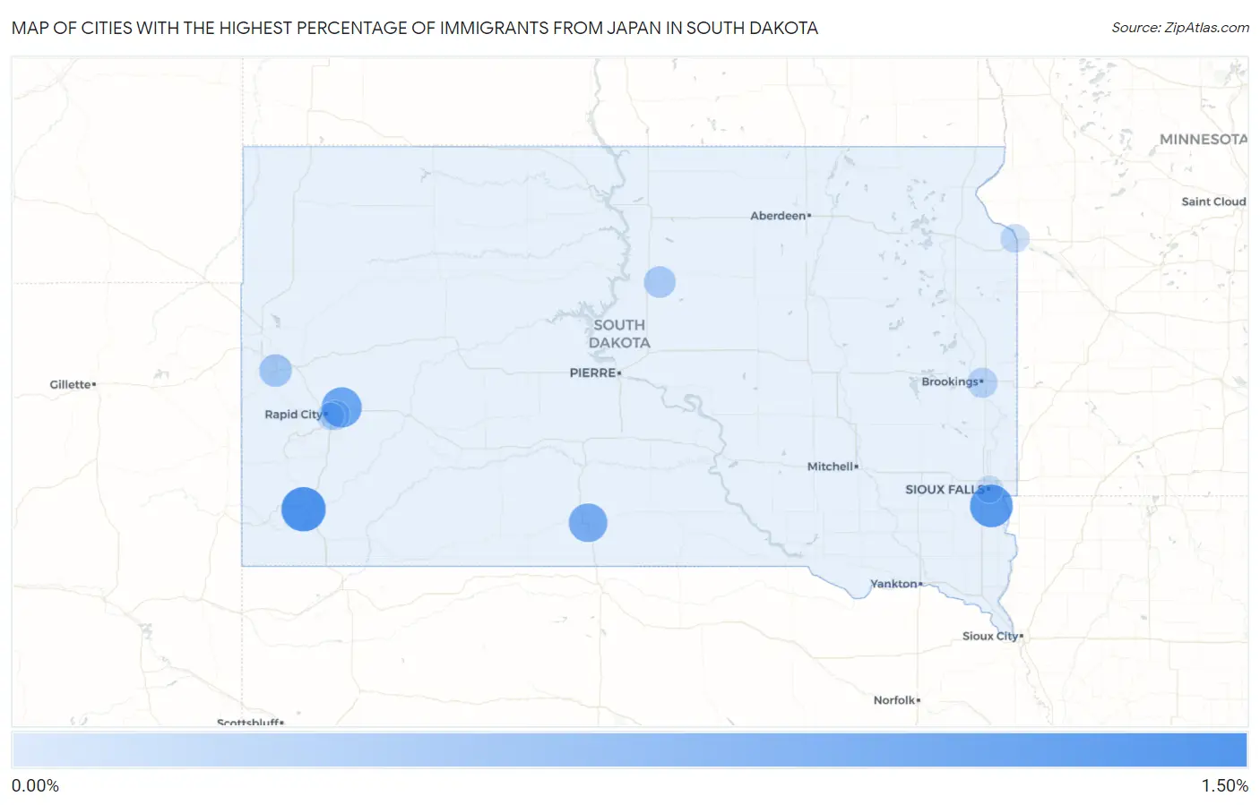 Cities with the Highest Percentage of Immigrants from Japan in South Dakota Map