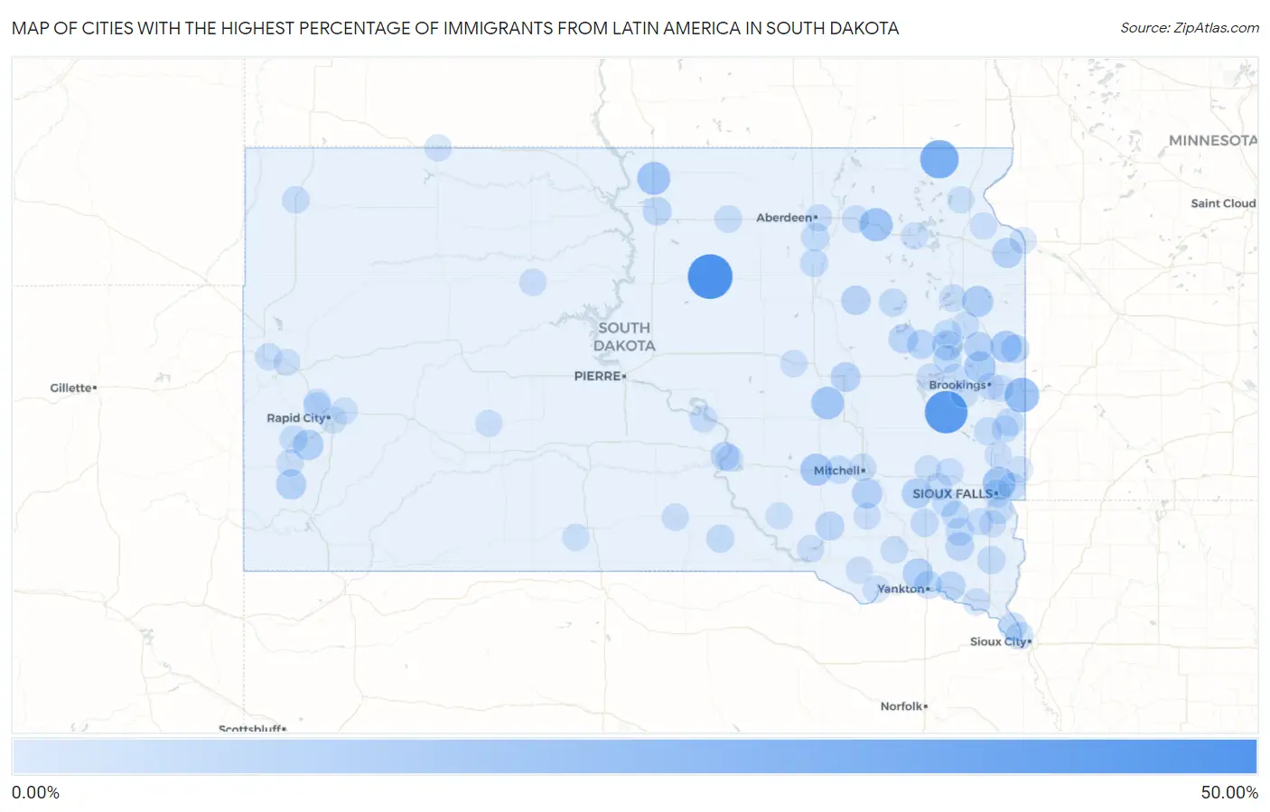 Cities with the Highest Percentage of Immigrants from Latin America in South Dakota Map