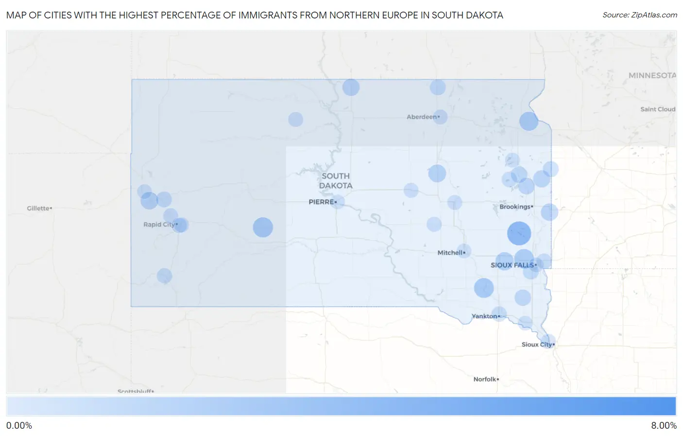 Cities with the Highest Percentage of Immigrants from Northern Europe in South Dakota Map