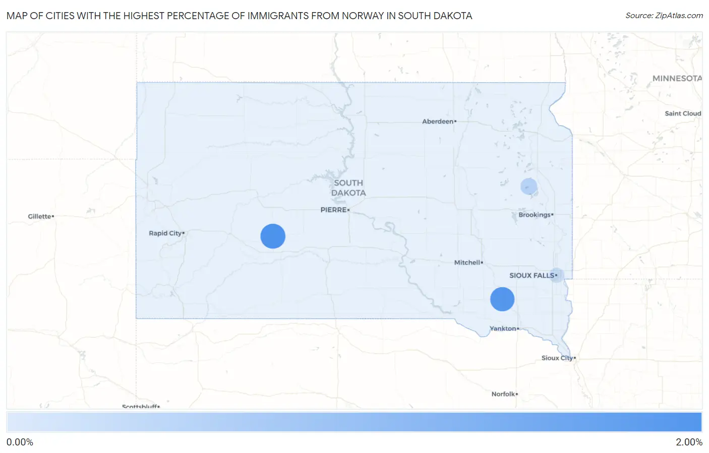 Cities with the Highest Percentage of Immigrants from Norway in South Dakota Map