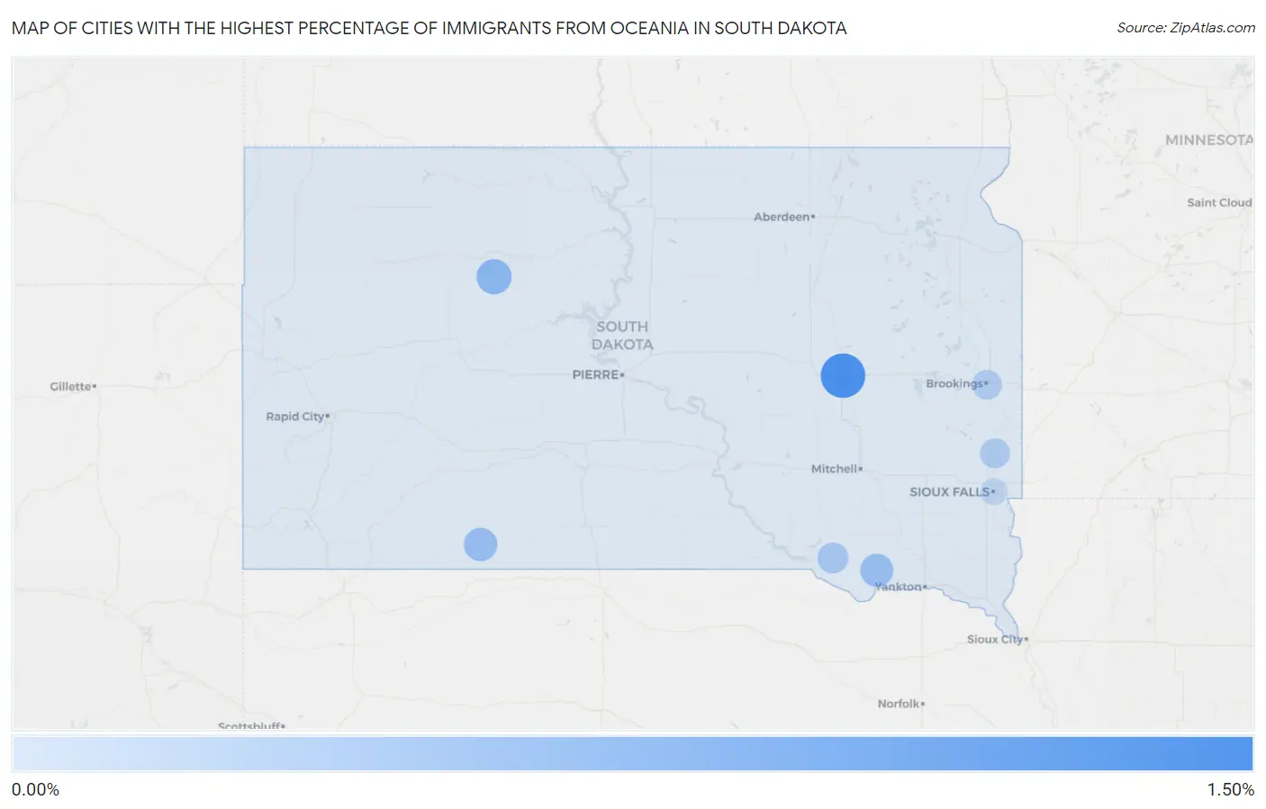 Cities with the Highest Percentage of Immigrants from Oceania in South Dakota Map