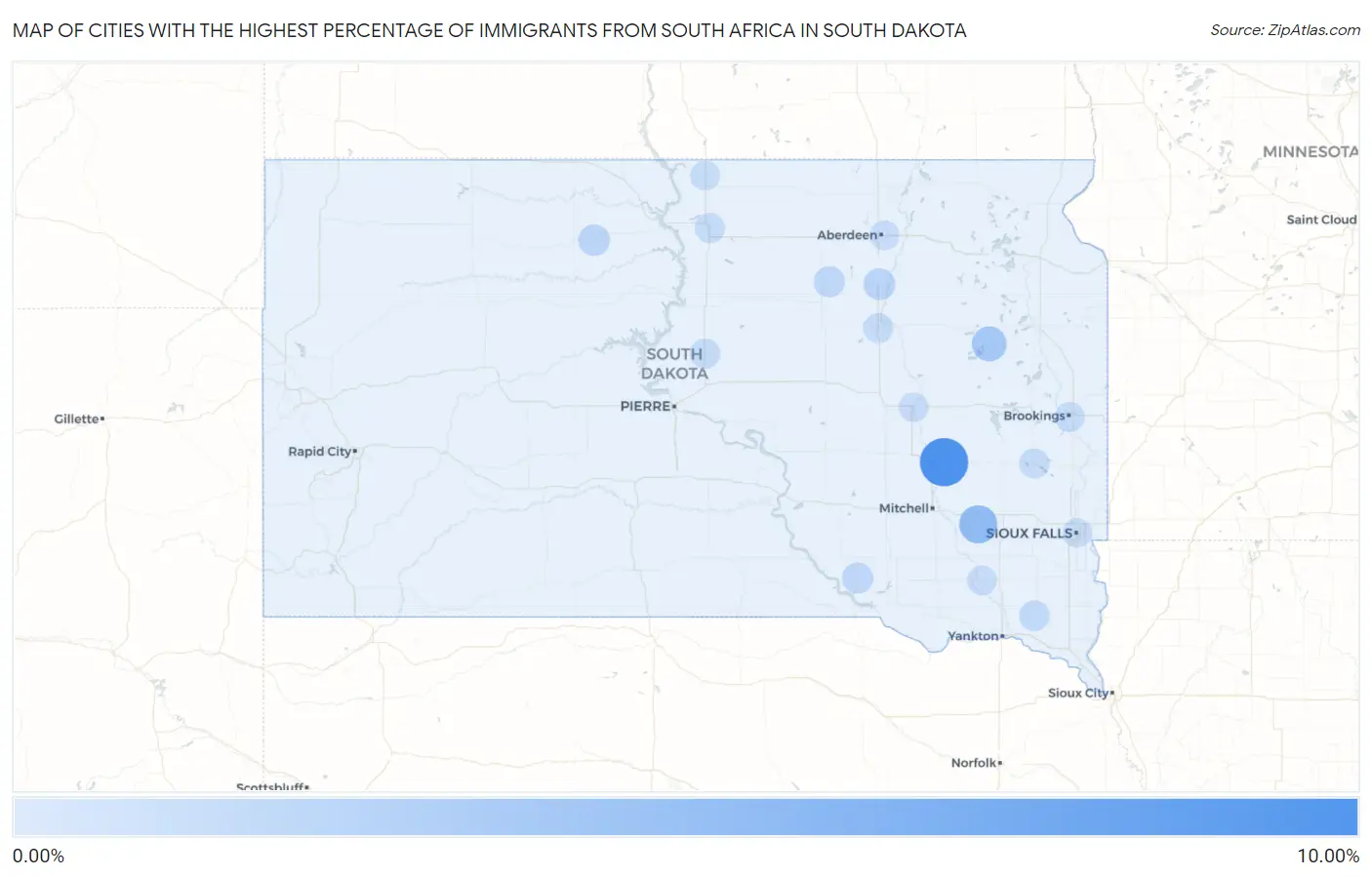 Cities with the Highest Percentage of Immigrants from South Africa in South Dakota Map