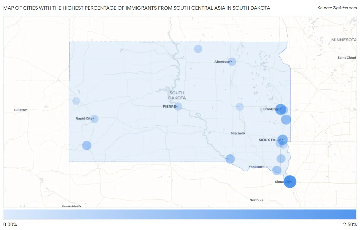 Cities with the Highest Percentage of Immigrants from South Central Asia in South Dakota Map