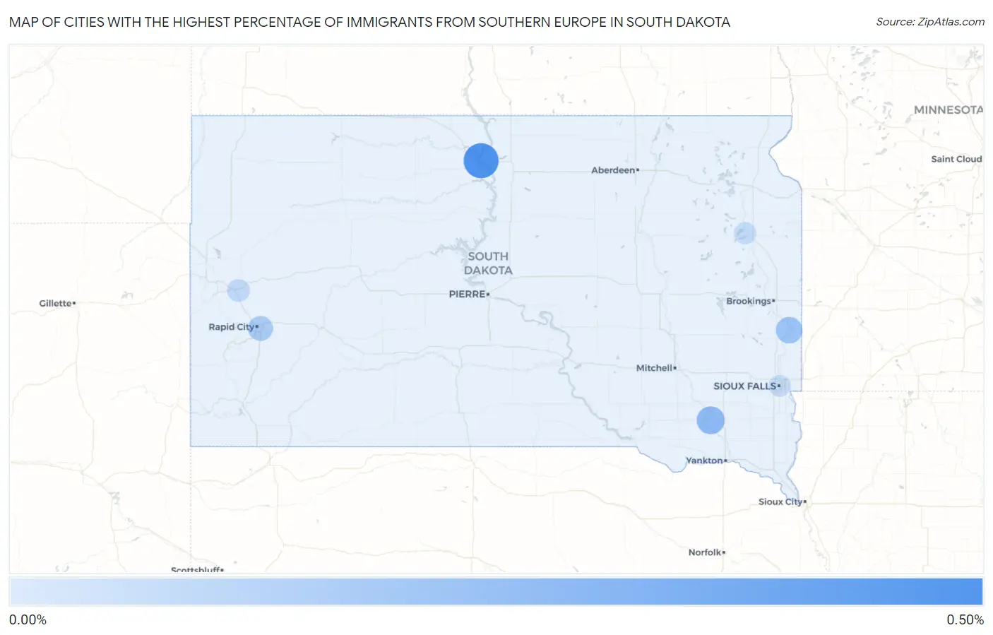 Cities with the Highest Percentage of Immigrants from Southern Europe in South Dakota Map