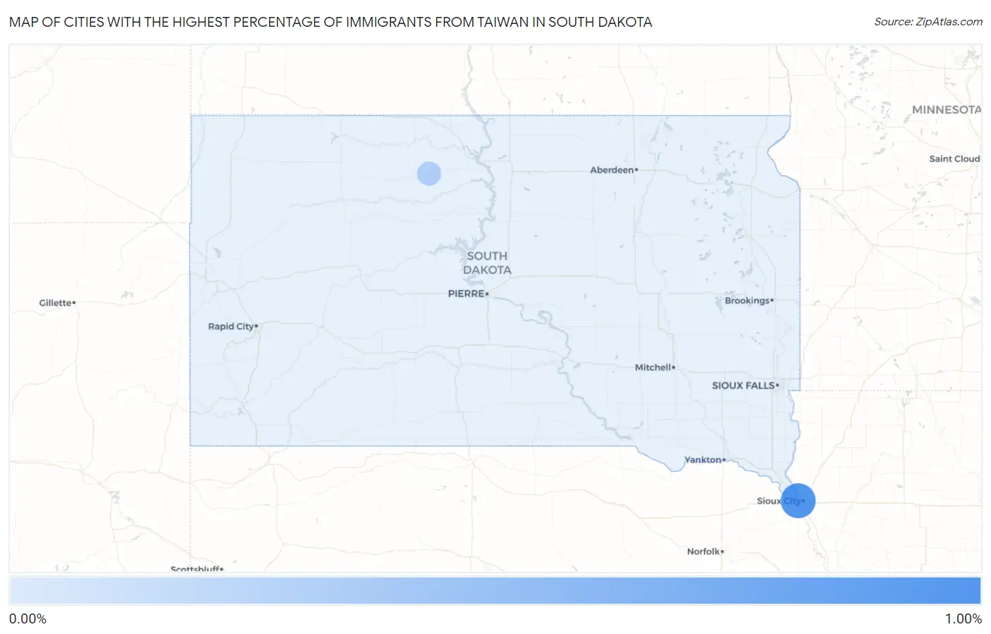 Cities with the Highest Percentage of Immigrants from Taiwan in South Dakota Map