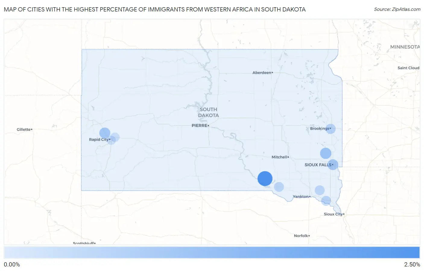 Cities with the Highest Percentage of Immigrants from Western Africa in South Dakota Map