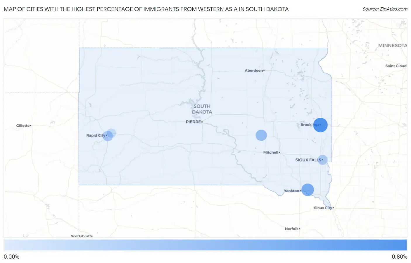 Cities with the Highest Percentage of Immigrants from Western Asia in South Dakota Map