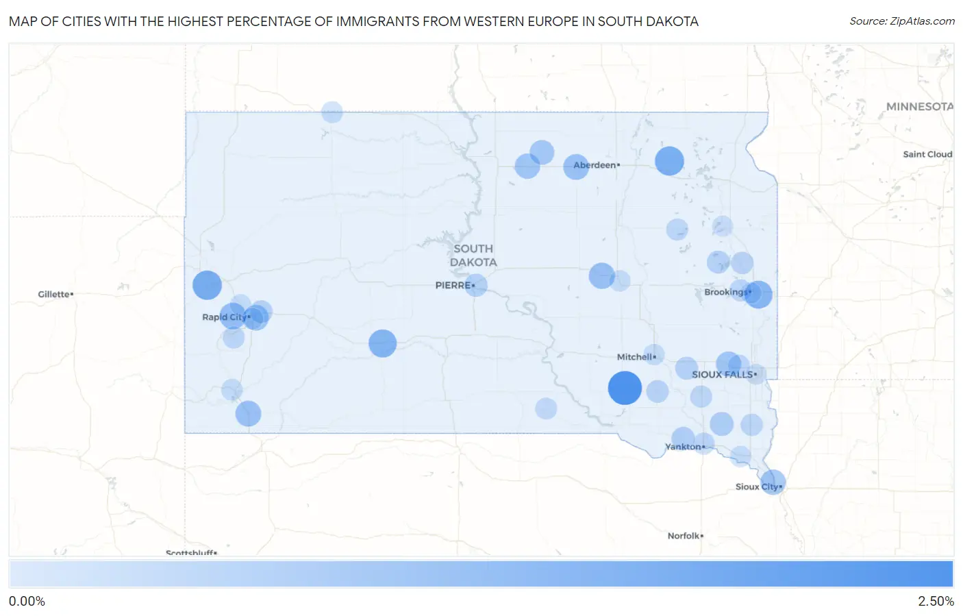 Cities with the Highest Percentage of Immigrants from Western Europe in South Dakota Map