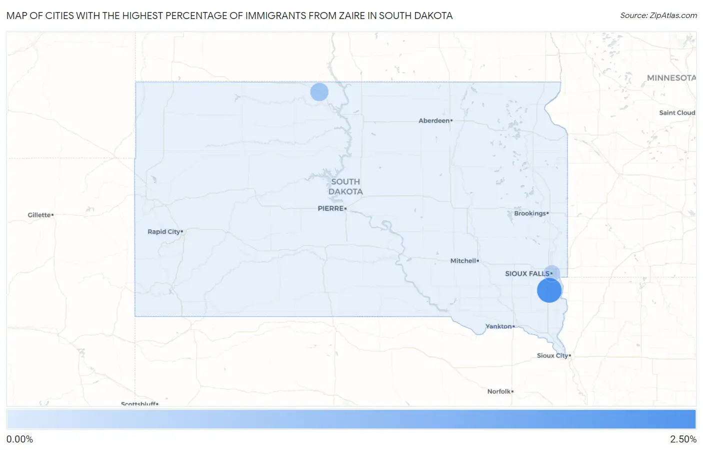 Cities with the Highest Percentage of Immigrants from Zaire in South Dakota Map