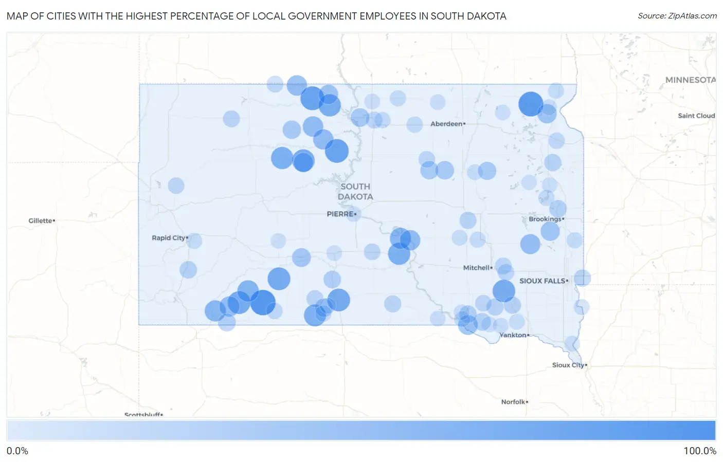 Cities with the Highest Percentage of Local Government Employees in South Dakota Map