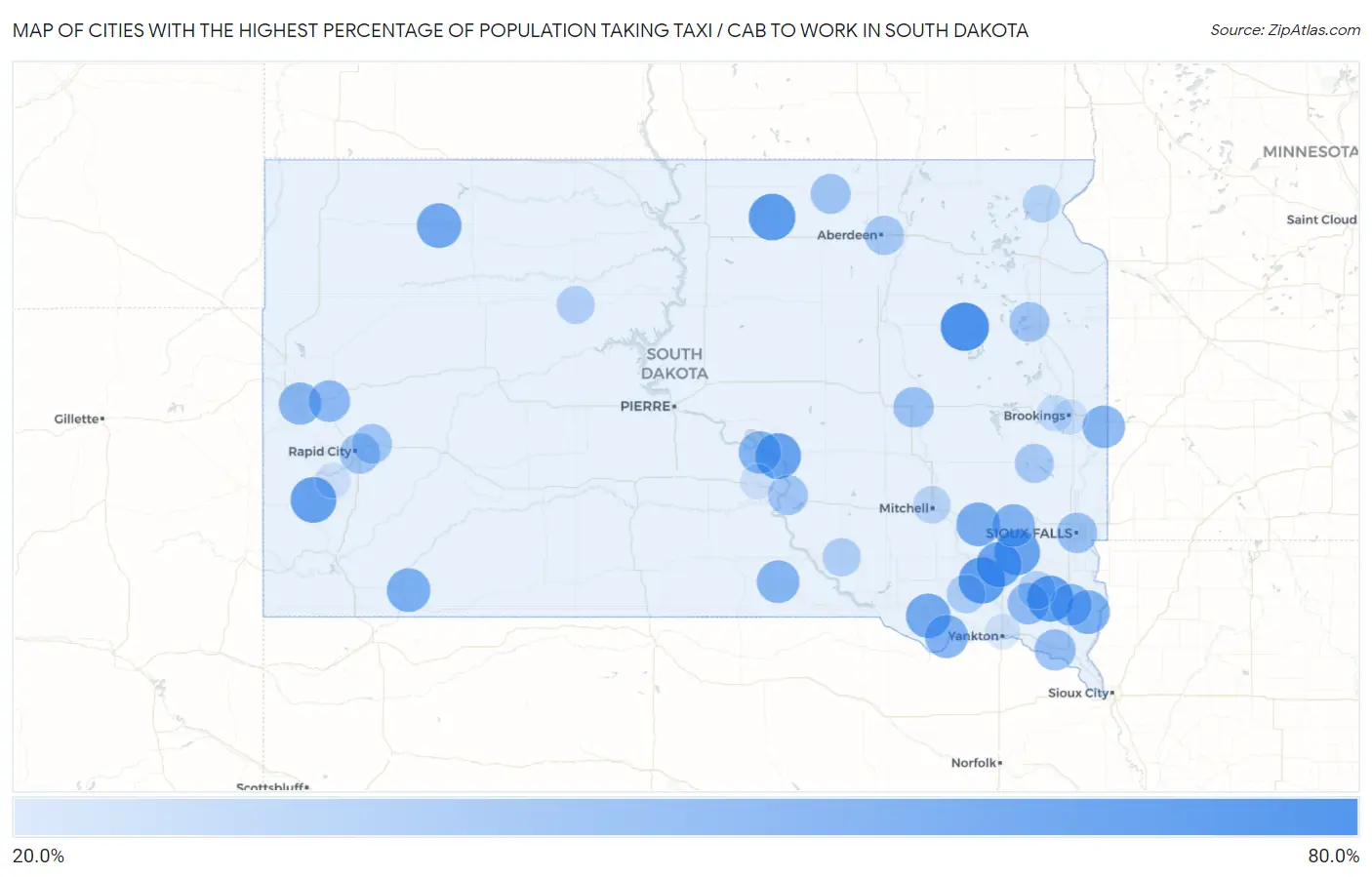 Cities with the Highest Percentage of Population Taking Taxi / Cab to Work in South Dakota Map