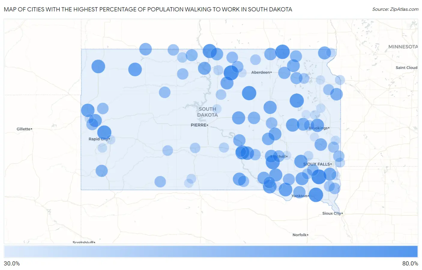 Cities with the Highest Percentage of Population Walking to Work in South Dakota Map
