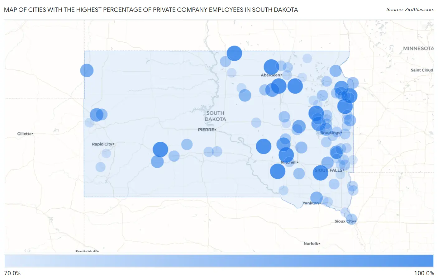 Cities with the Highest Percentage of Private Company Employees in South Dakota Map