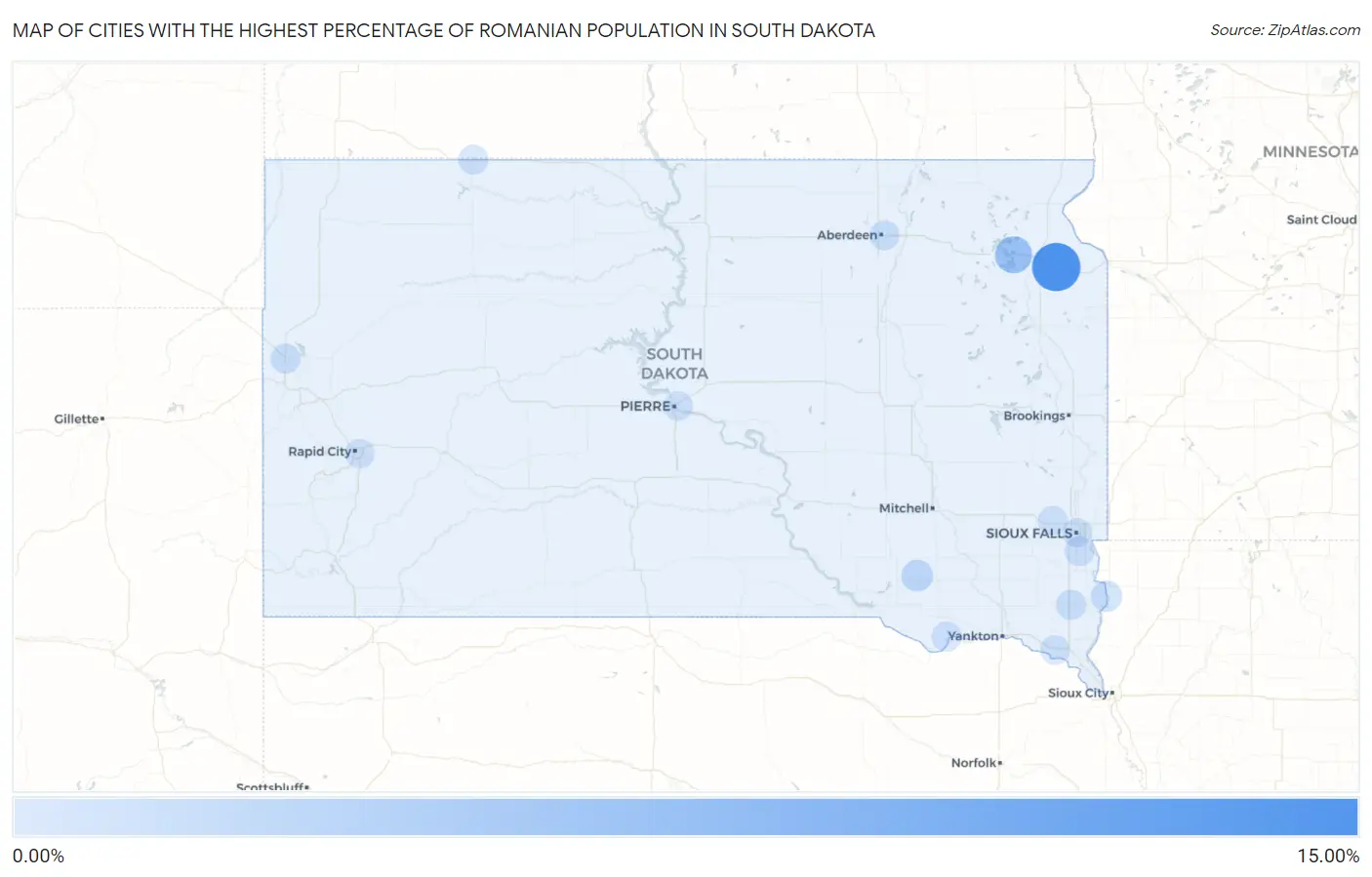 Cities with the Highest Percentage of Romanian Population in South Dakota Map