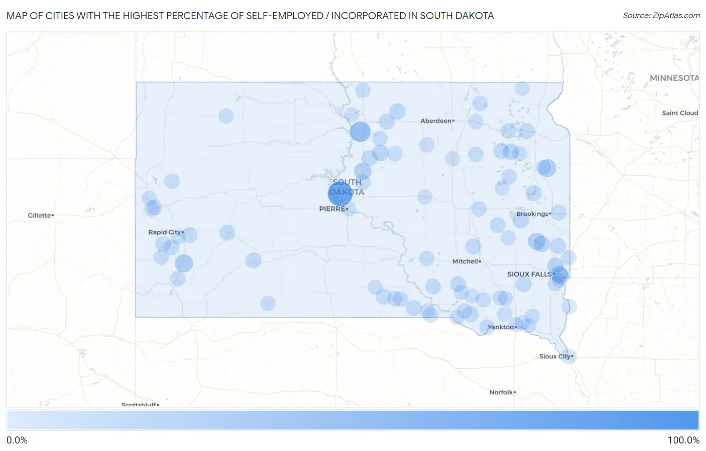 Cities with the Highest Percentage of Self-Employed / Incorporated in South Dakota Map