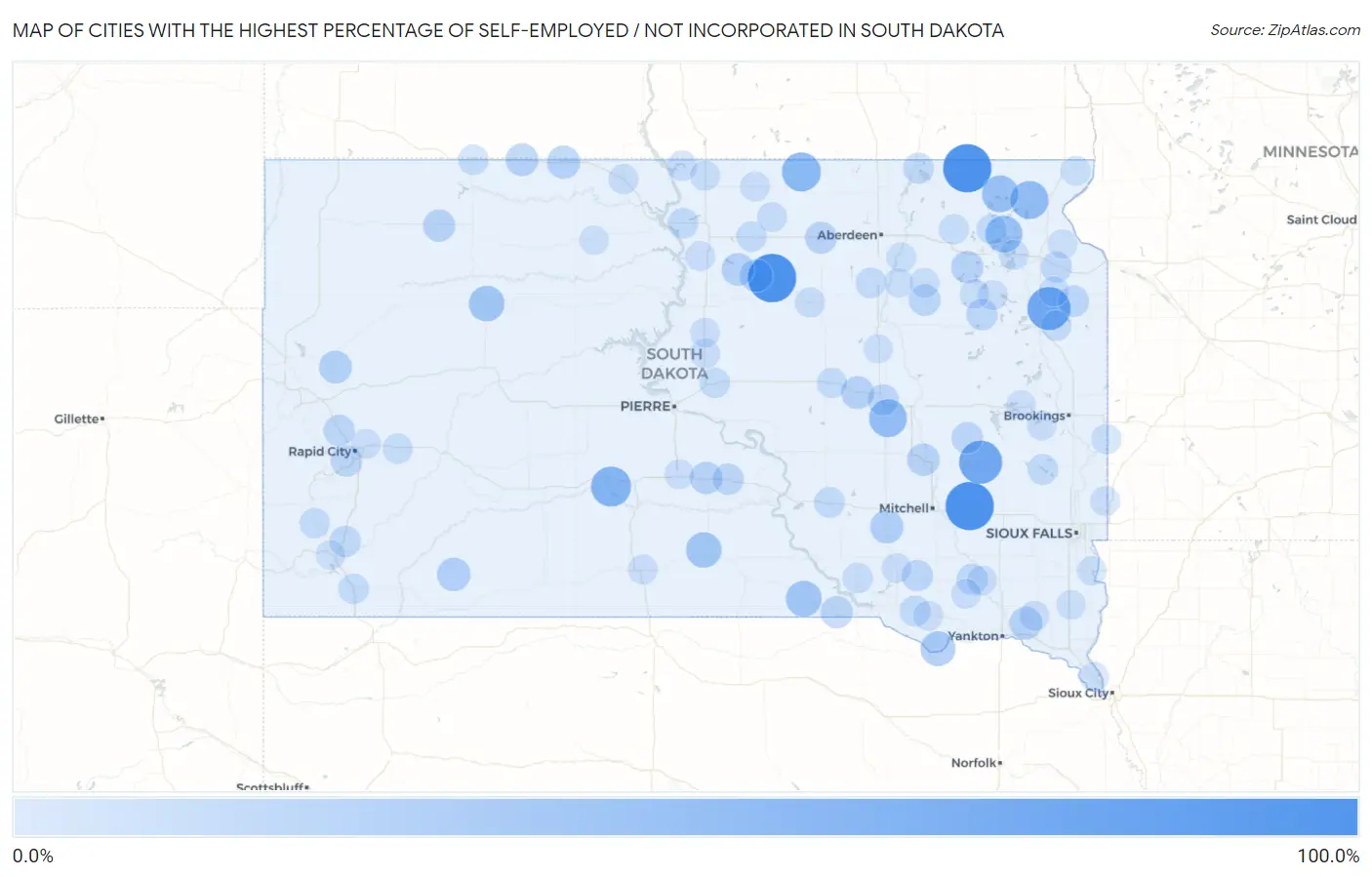 Cities with the Highest Percentage of Self-Employed / Not Incorporated in South Dakota Map