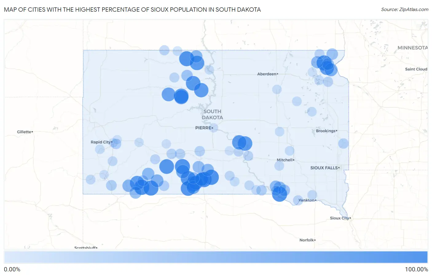Cities with the Highest Percentage of Sioux Population in South Dakota Map