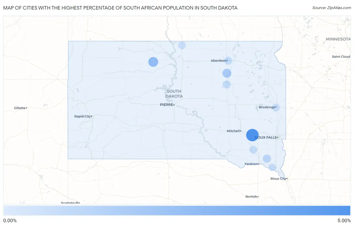 Cities with the Highest Percentage of South African Population in South Dakota Map
