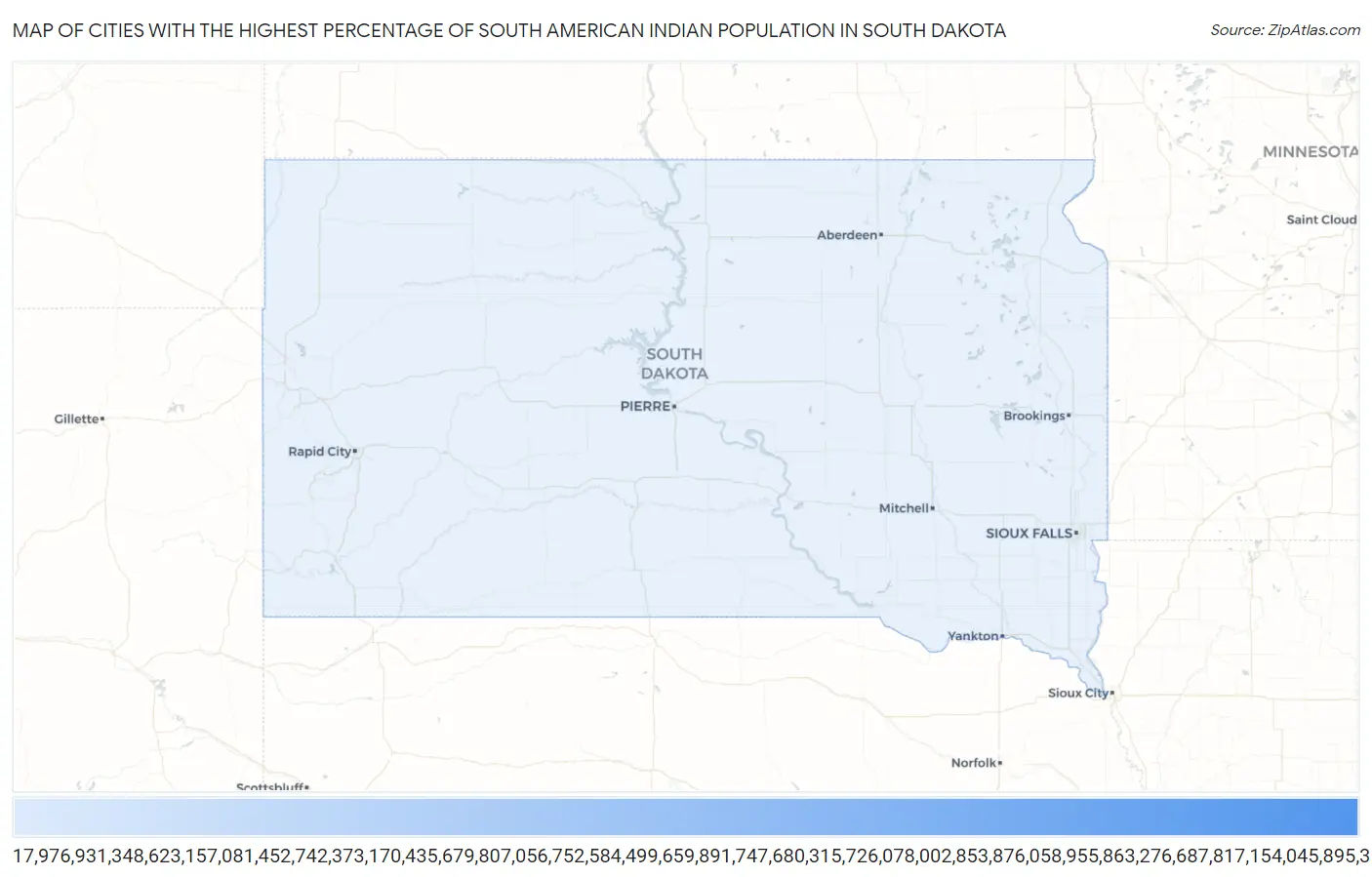 Cities with the Highest Percentage of South American Indian Population in South Dakota Map