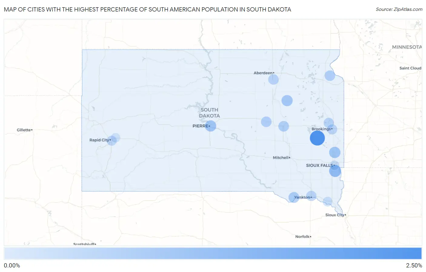 Cities with the Highest Percentage of South American Population in South Dakota Map