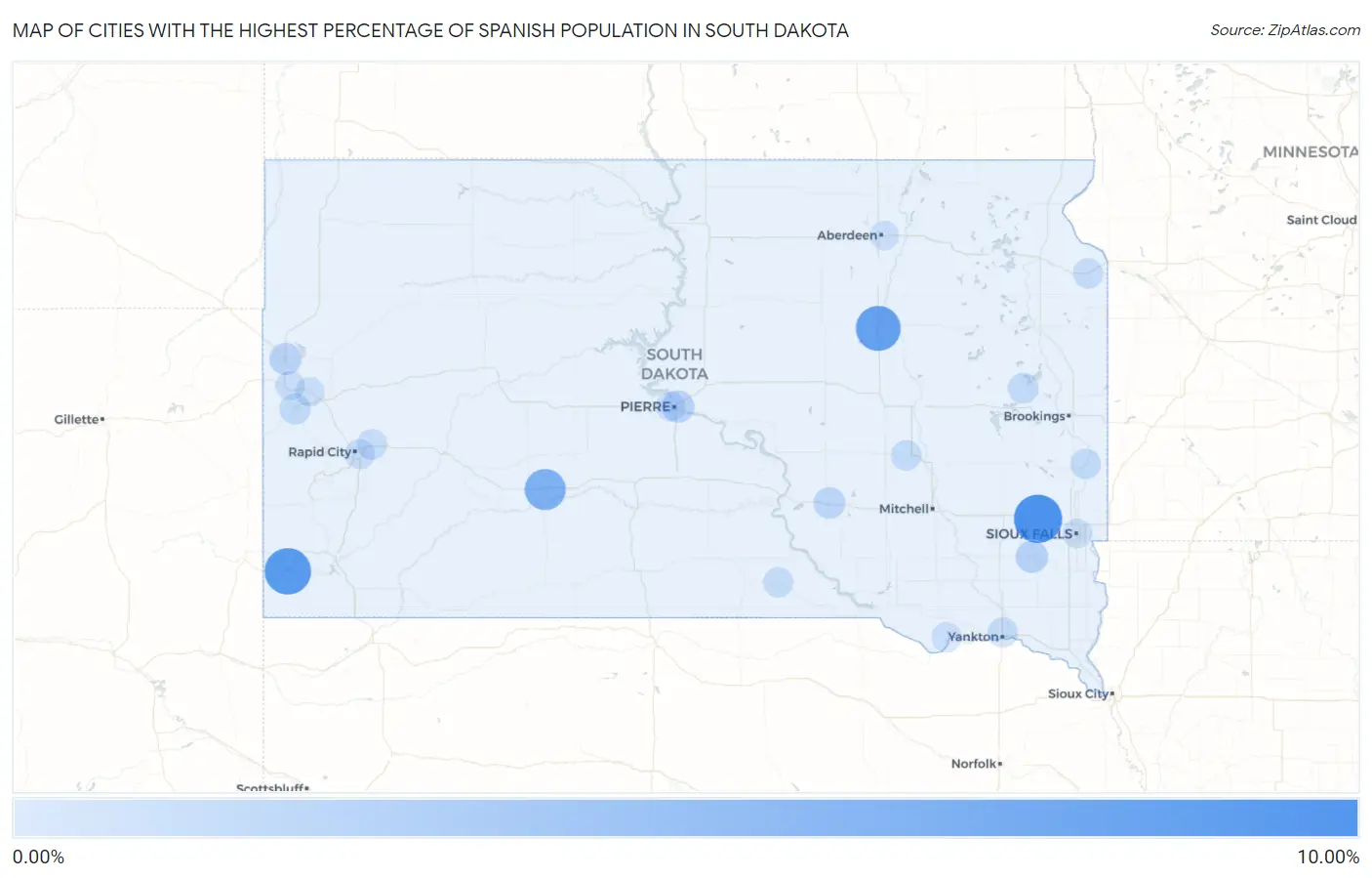 Cities with the Highest Percentage of Spanish Population in South Dakota Map