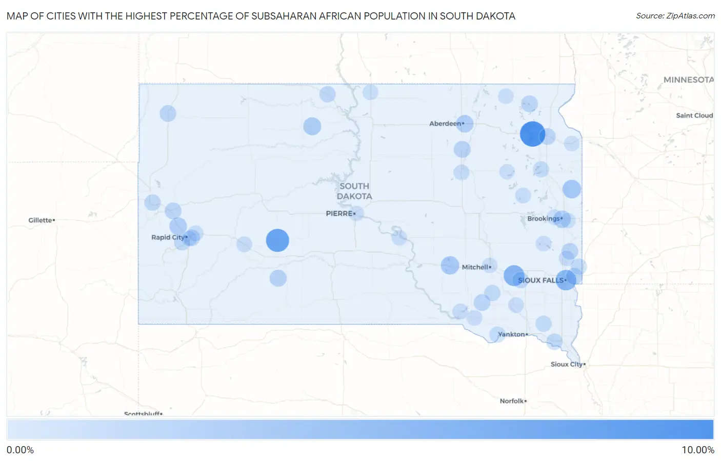 Cities with the Highest Percentage of Subsaharan African Population in South Dakota Map
