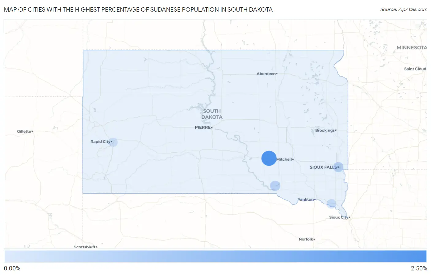 Cities with the Highest Percentage of Sudanese Population in South Dakota Map