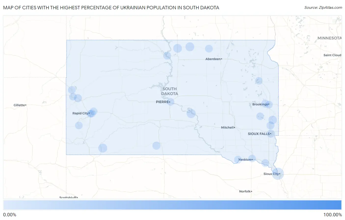 Cities with the Highest Percentage of Ukrainian Population in South Dakota Map