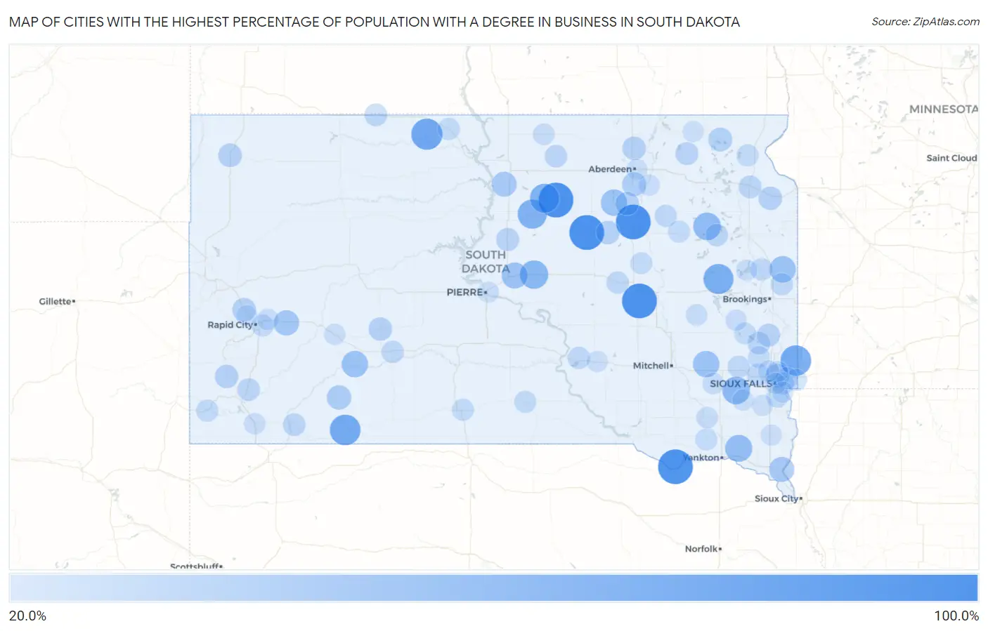 Cities with the Highest Percentage of Population with a Degree in Business in South Dakota Map