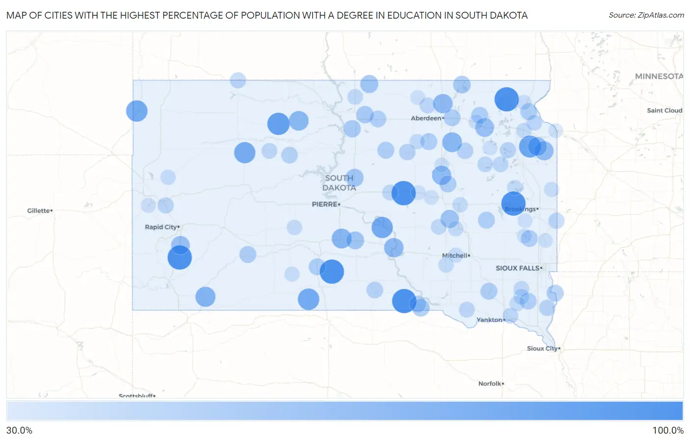Cities with the Highest Percentage of Population with a Degree in Education in South Dakota Map