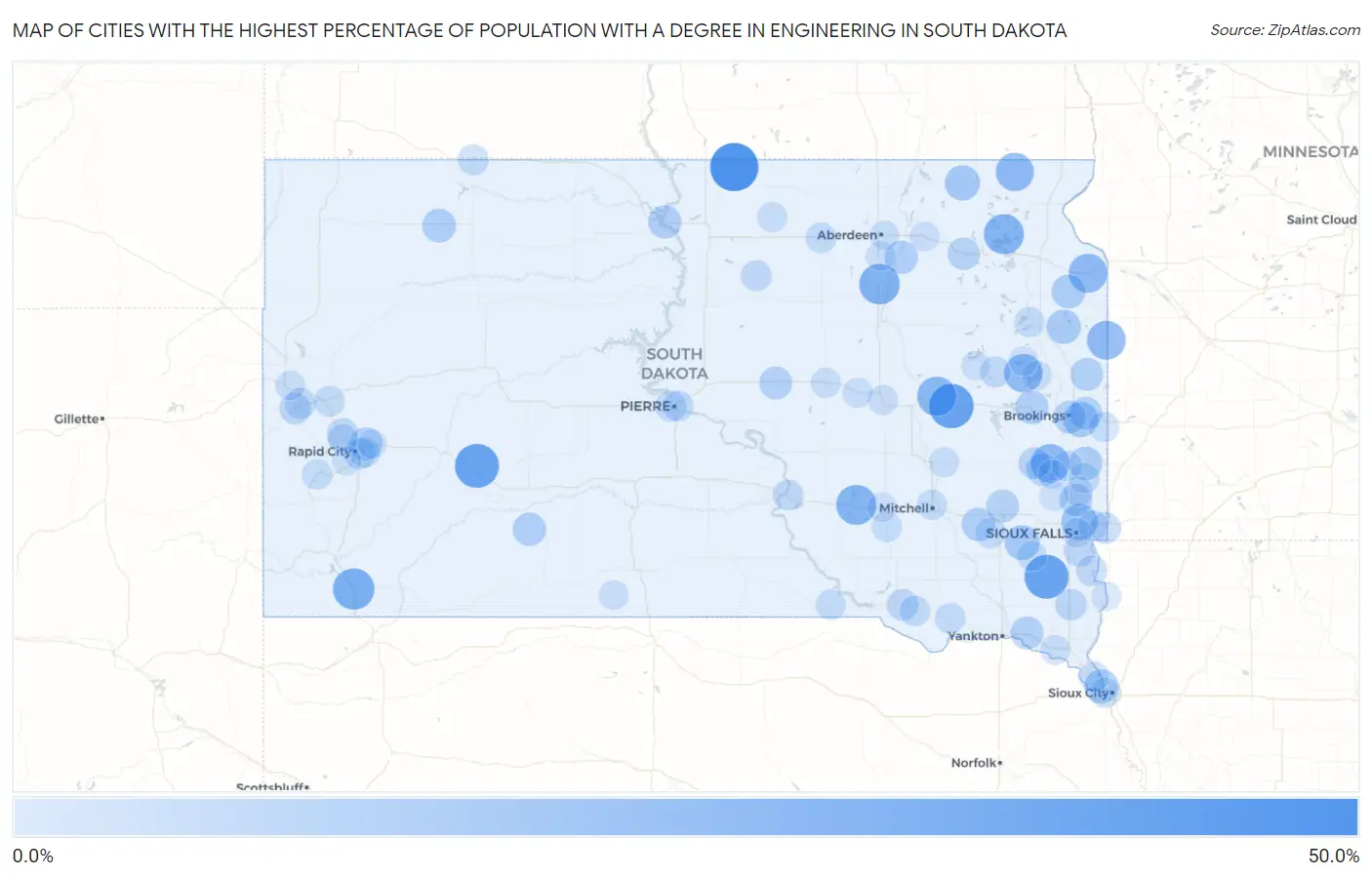 Cities with the Highest Percentage of Population with a Degree in Engineering in South Dakota Map
