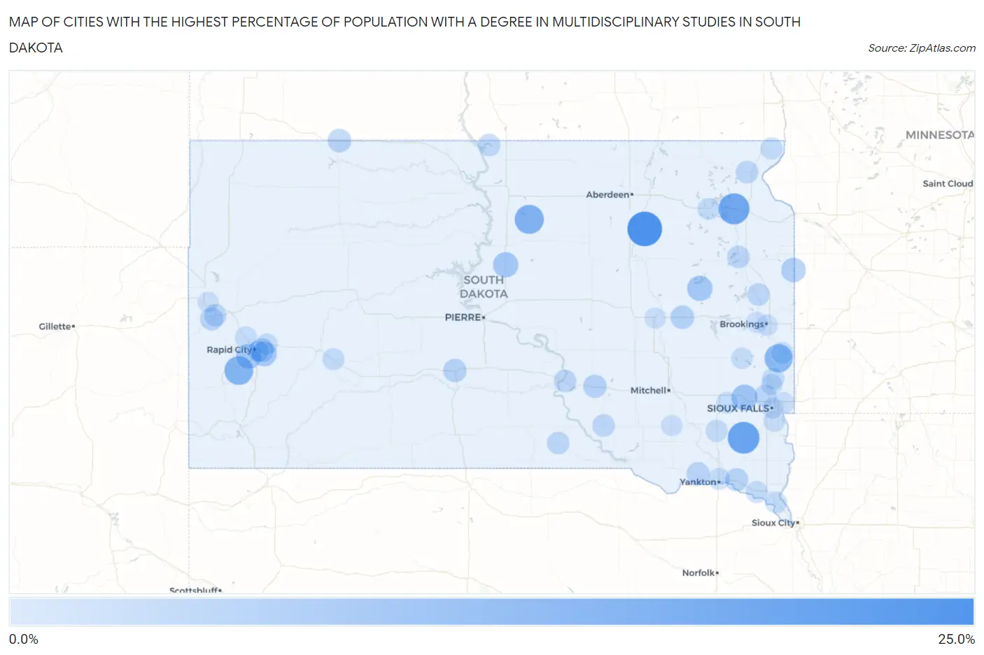 Cities with the Highest Percentage of Population with a Degree in Multidisciplinary Studies in South Dakota Map