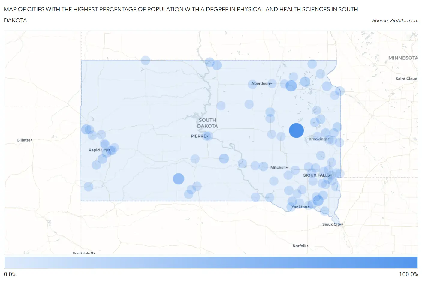 Cities with the Highest Percentage of Population with a Degree in Physical and Health Sciences in South Dakota Map