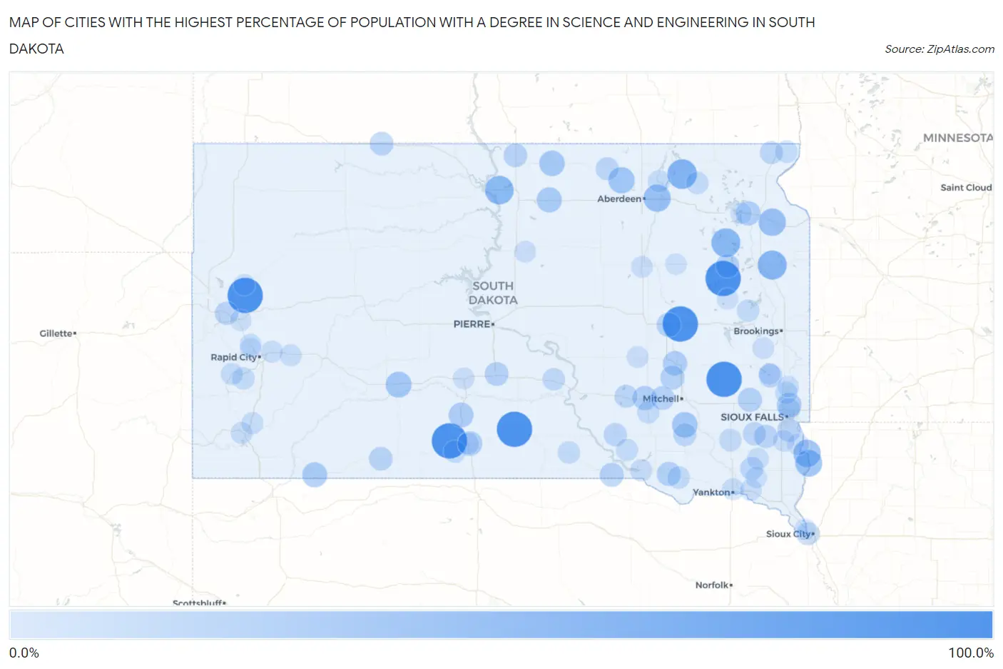 Cities with the Highest Percentage of Population with a Degree in Science and Engineering in South Dakota Map