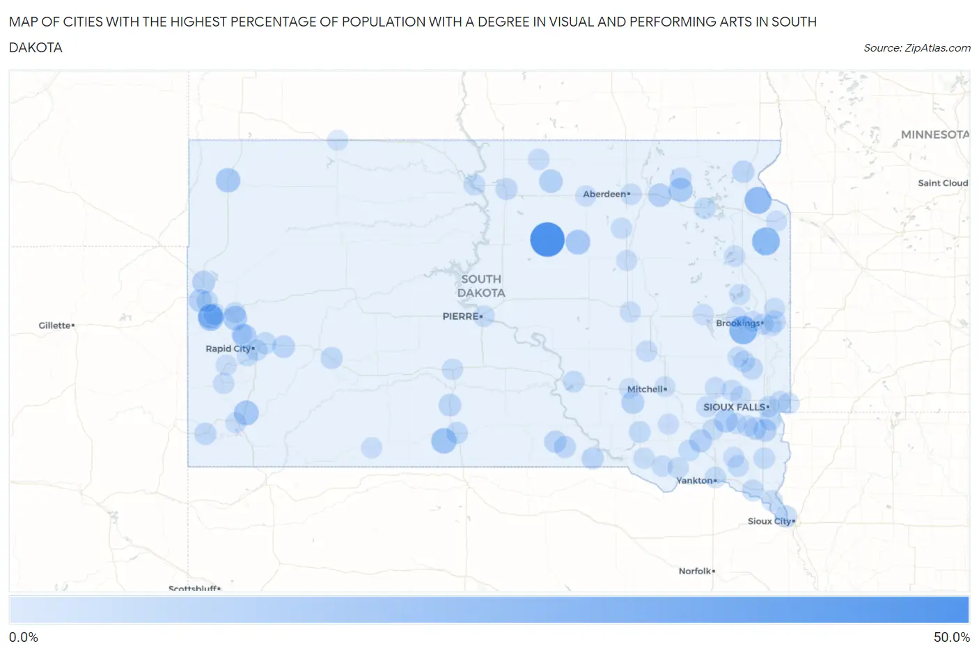 Cities with the Highest Percentage of Population with a Degree in Visual and Performing Arts in South Dakota Map